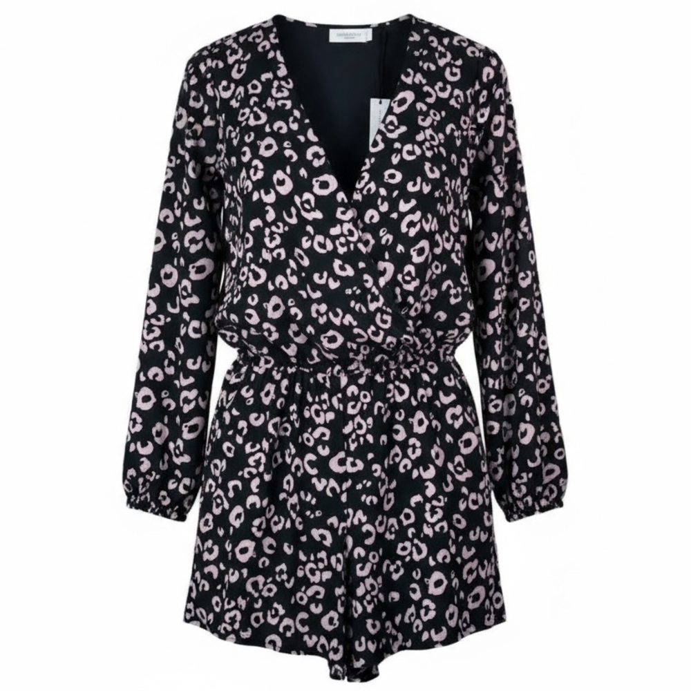 THREE EIGHTY TWO Pink & Black Leopard Long Sleeve Casual Cinched Waist‎ Romper